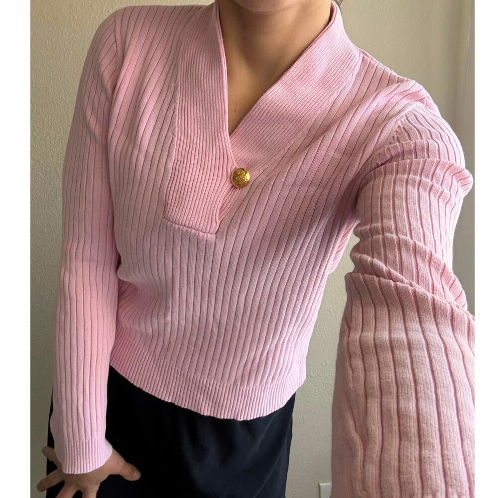 vintage y2k Lauren Ralph Lauren Pink Ribbed v neck Sweater preppy equestrian y2k
